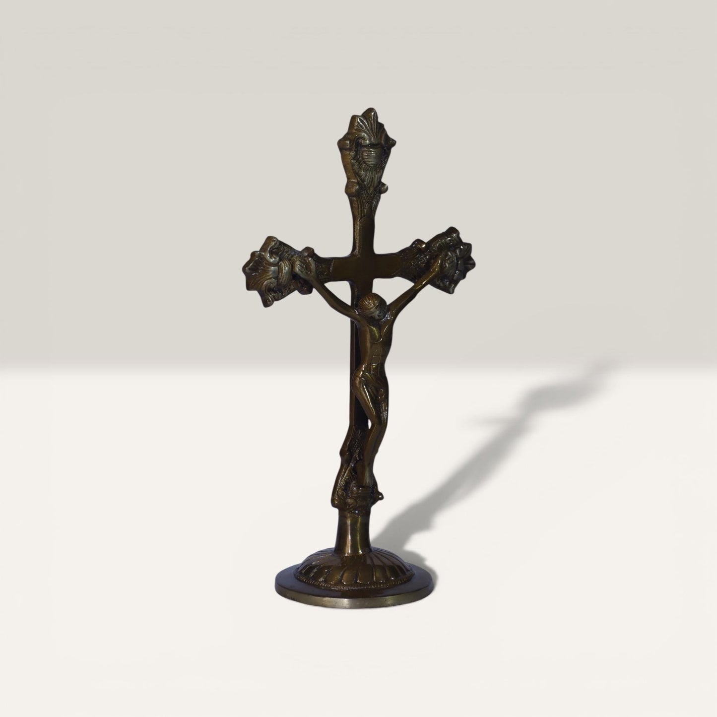 Catholic Crucifix Handmade Brass Statue, Antique Rich Finish Jesus Christ, Premium Vintage Cross Standing Sculpture, Religious Home Chapel