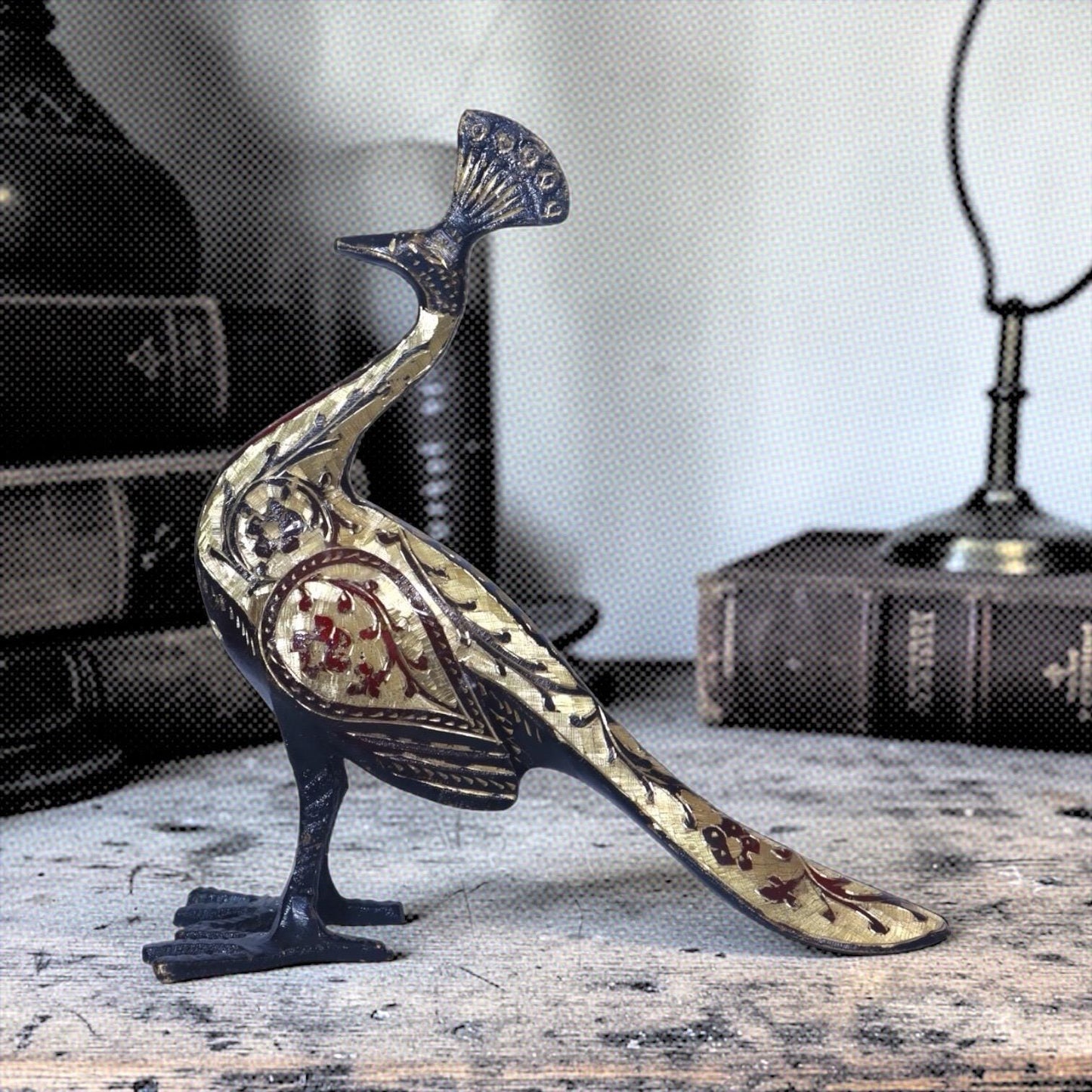 A Handcrafted Brass Peacock, Intricate Enamel Detailing & Antique Figurine , Imperial Plum Ornavia Heritage Bird, Luxury Elegance Sculpture.