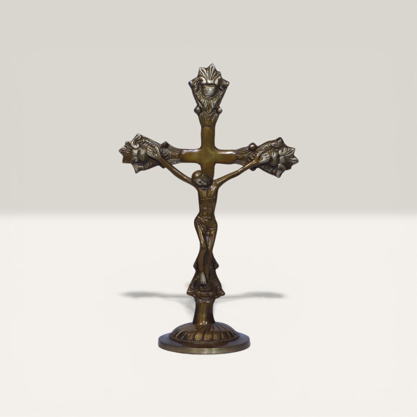 Catholic Crucifix Handmade Brass Statue, Antique Rich Finish Jesus Christ, Premium Vintage Cross Standing Sculpture, Religious Home Chapel