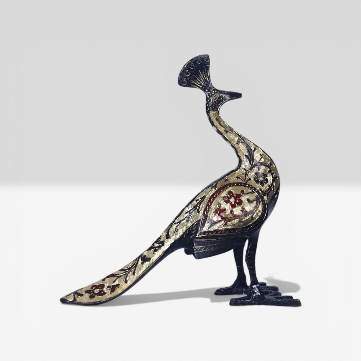 A Handcrafted Brass Peacock, Intricate Enamel Detailing & Antique Figurine , Imperial Plum Ornavia Heritage Bird, Luxury Elegance Sculpture.