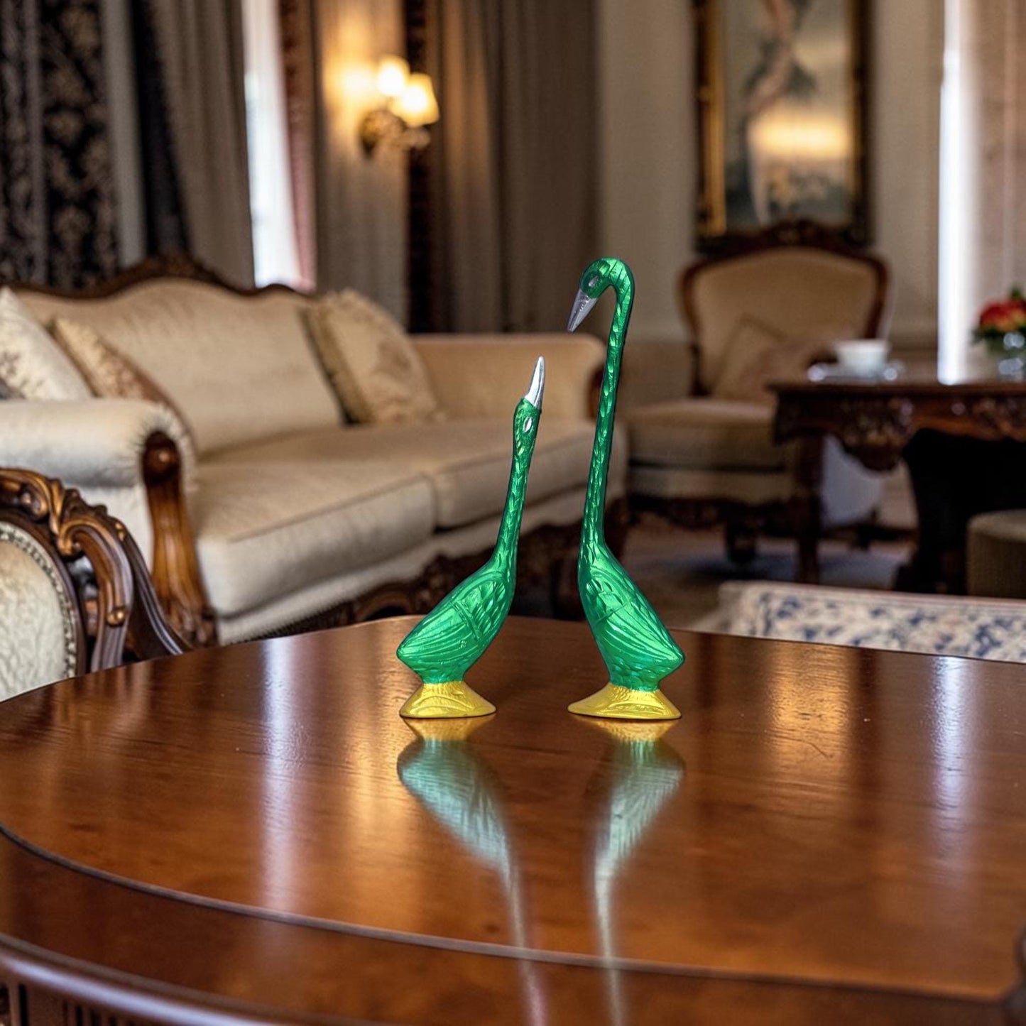 Rich Hand-painted Aluminum Swan Duo Sculpture, Modern Green Gold Bird Figurine, Elegant Swan for Anniversary Gifting, Unique Decorative art