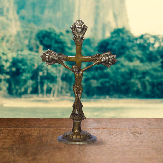 Catholic Crucifix Handmade Brass Statue, Antique Rich Finish Jesus Christ, Premium Vintage Cross Standing Sculpture, Religious Home Chapel