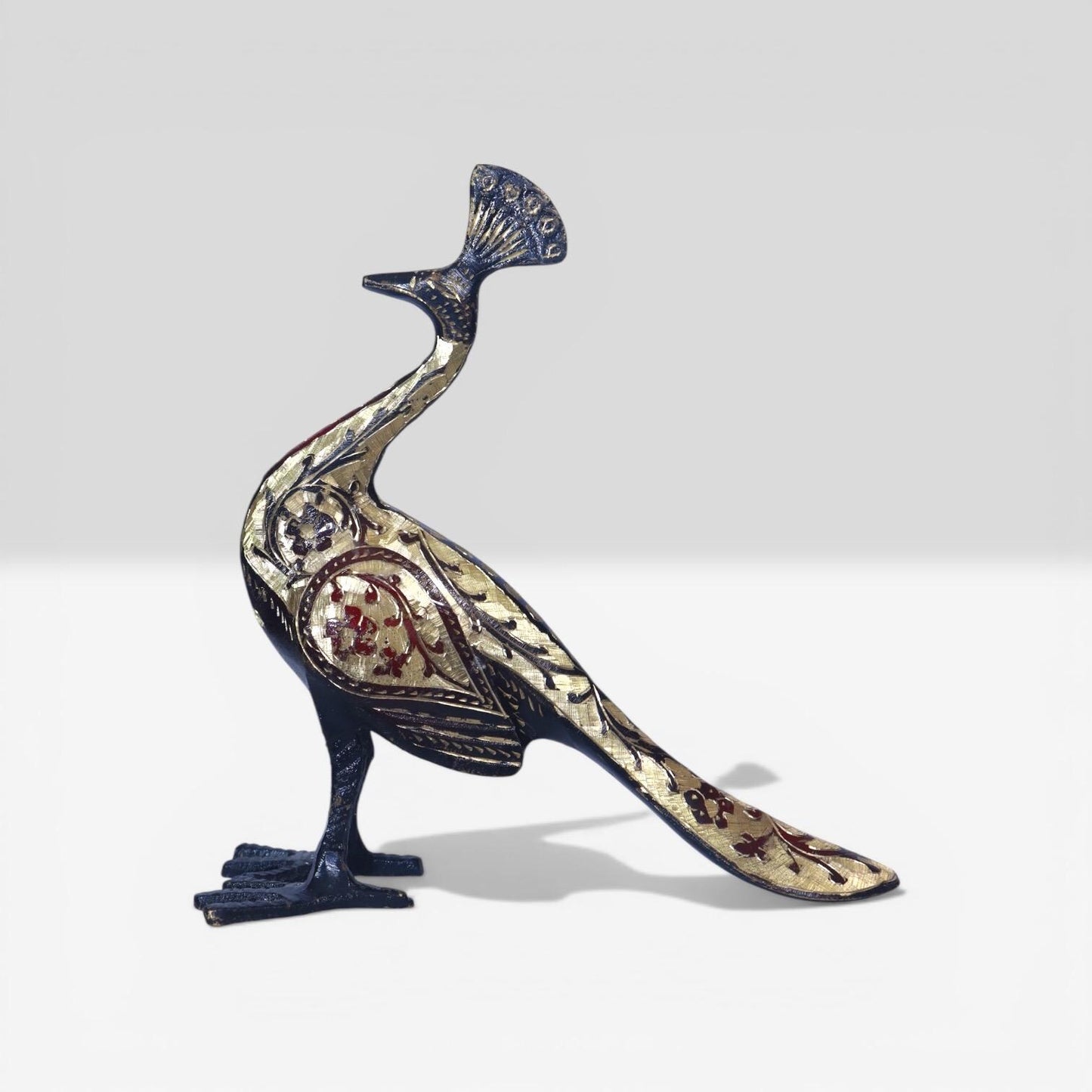 A Handcrafted Brass Peacock, Intricate Enamel Detailing & Antique Figurine , Imperial Plum Ornavia Heritage Bird, Luxury Elegance Sculpture.