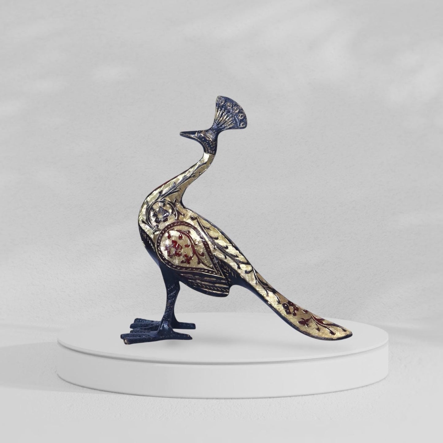 A Handcrafted Brass Peacock, Intricate Enamel Detailing & Antique Figurine , Imperial Plum Ornavia Heritage Bird, Luxury Elegance Sculpture.