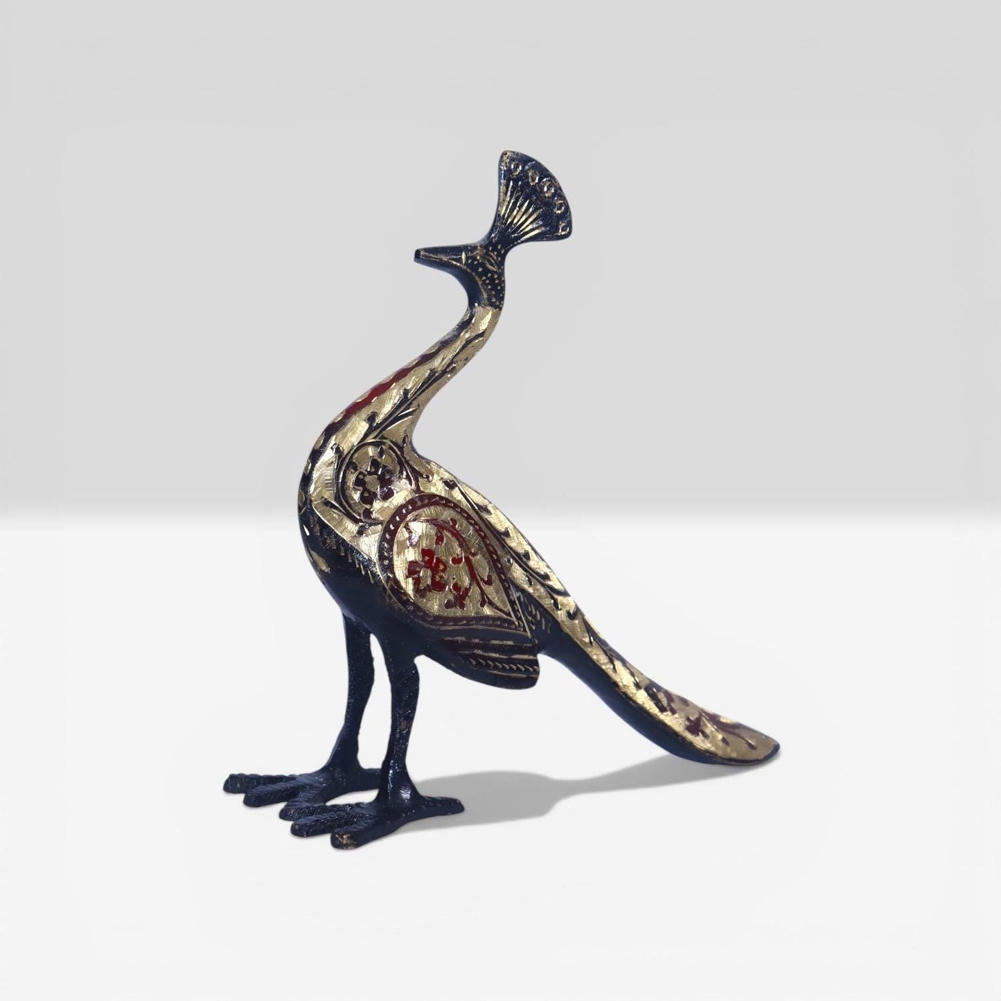 A Handcrafted Brass Peacock, Intricate Enamel Detailing & Antique Figurine , Imperial Plum Ornavia Heritage Bird, Luxury Elegance Sculpture.