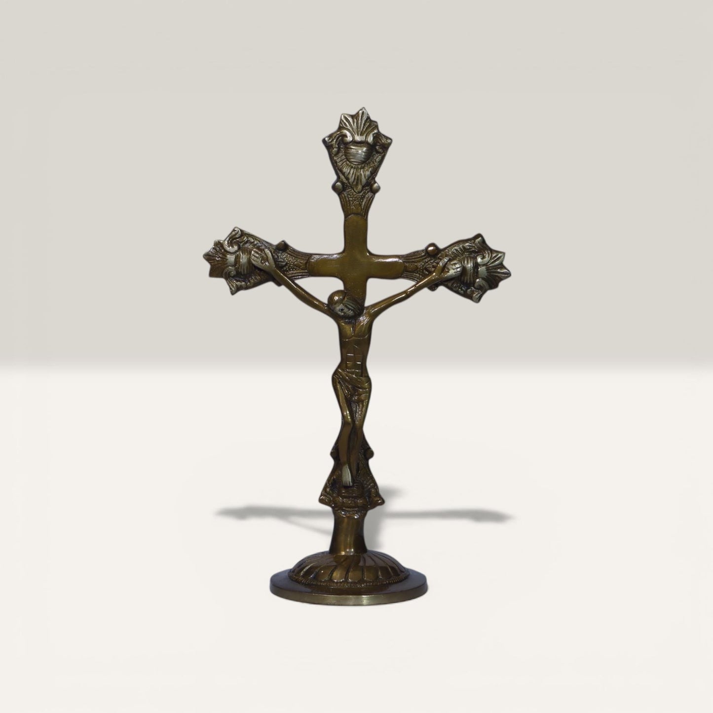 Catholic Crucifix Handmade Brass Statue, Antique Rich Finish Jesus Christ, Premium Vintage Cross Standing Sculpture, Religious Home Chapel